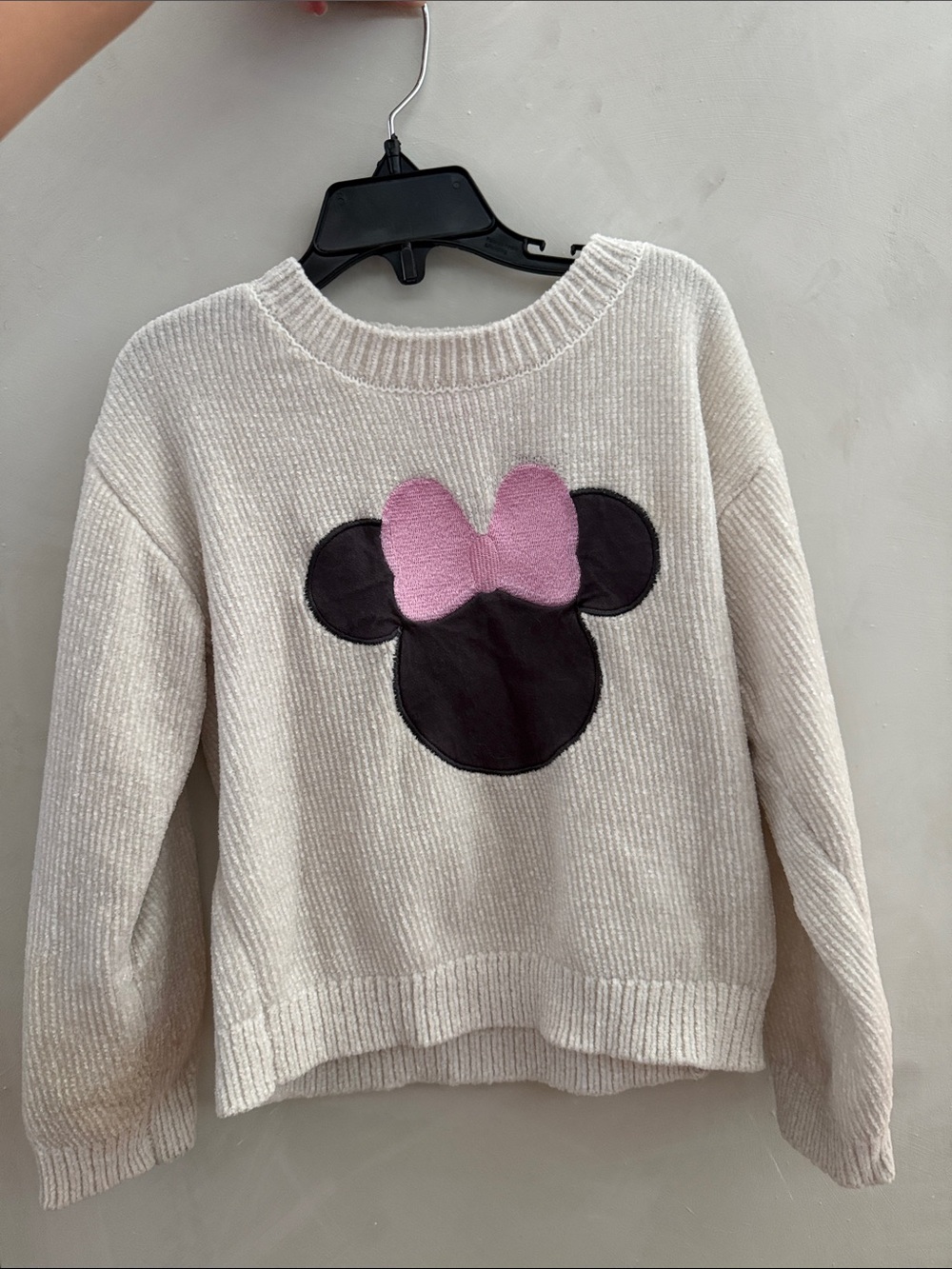 Disney Cream Sweater with Black Character Applique and Pink Bow